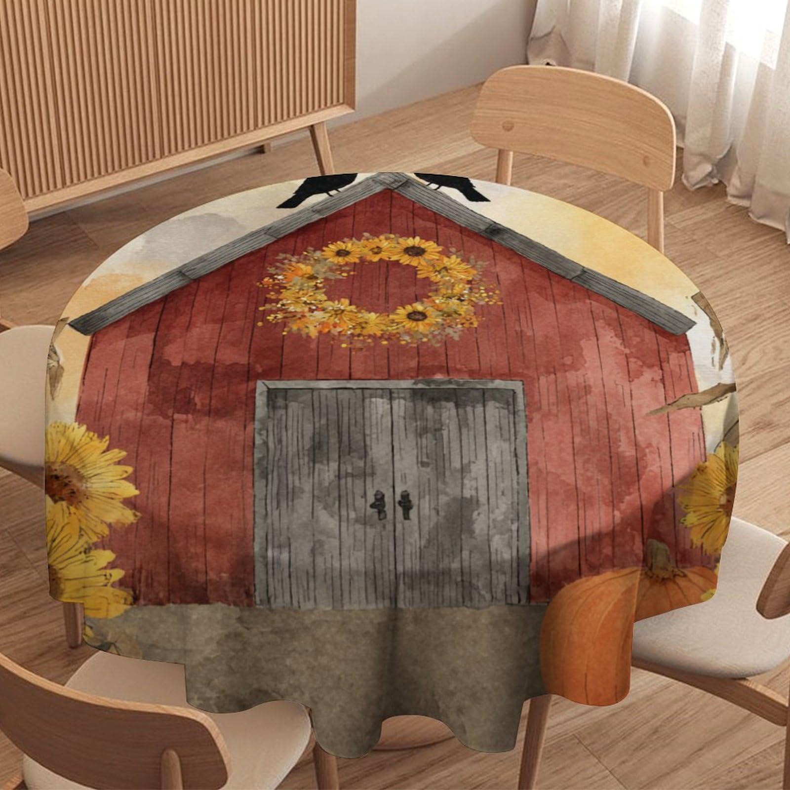 LUYYSKY Classic Retro Farm Barn Waterproof Round Tablecloth Rustic Western Fall Sunset Farmhouse Sunflowers Floral Animals Raven Washable Table Cover for Kitchen-177.8" Wx177.8 L cm