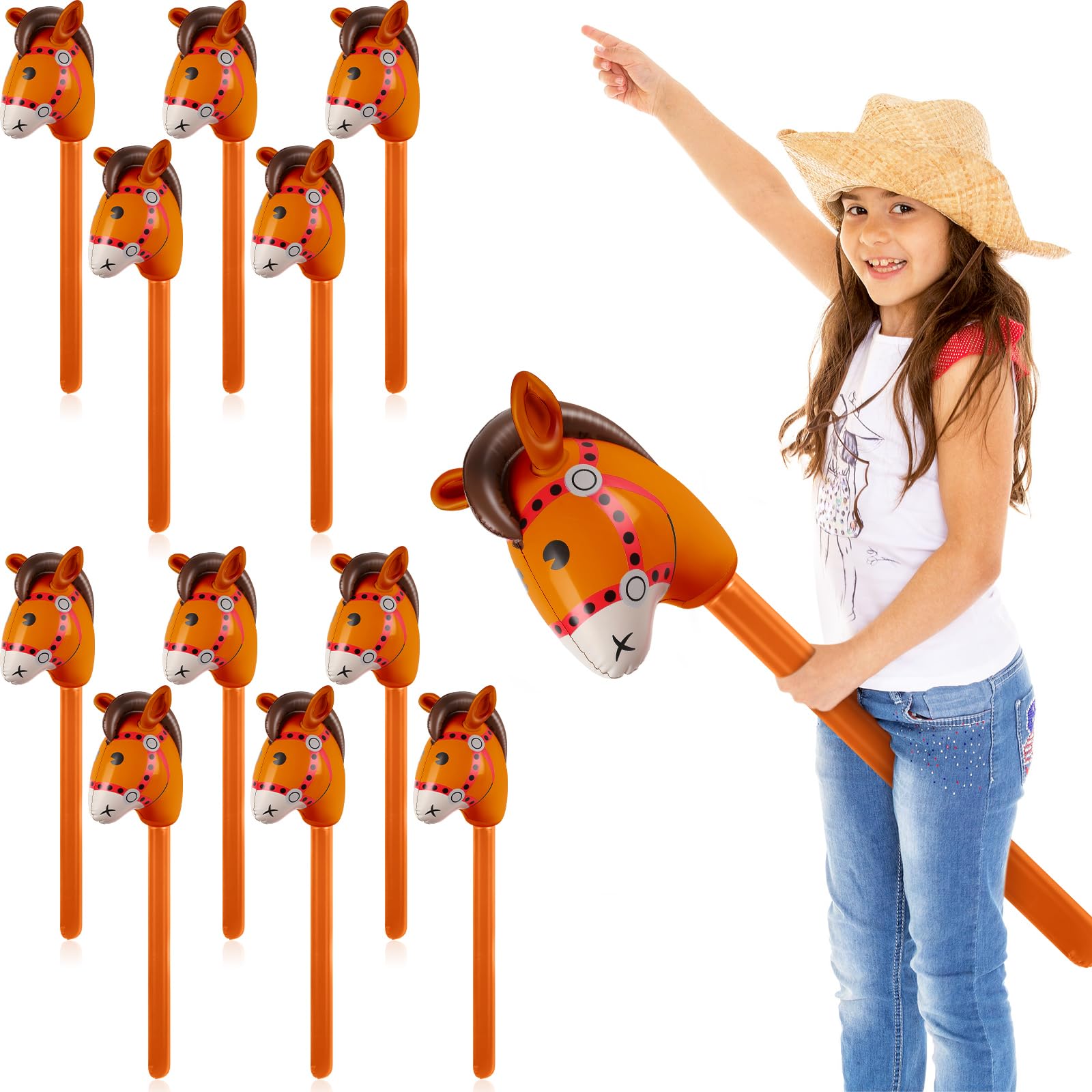 Chivao 12 Pieces Inflatable Stick Horse Cute Horse Head Stick Blow up Balloon Colorful Cowboy Cowgirl Party Decorations for Themed Birthday Party(Coffee Color)