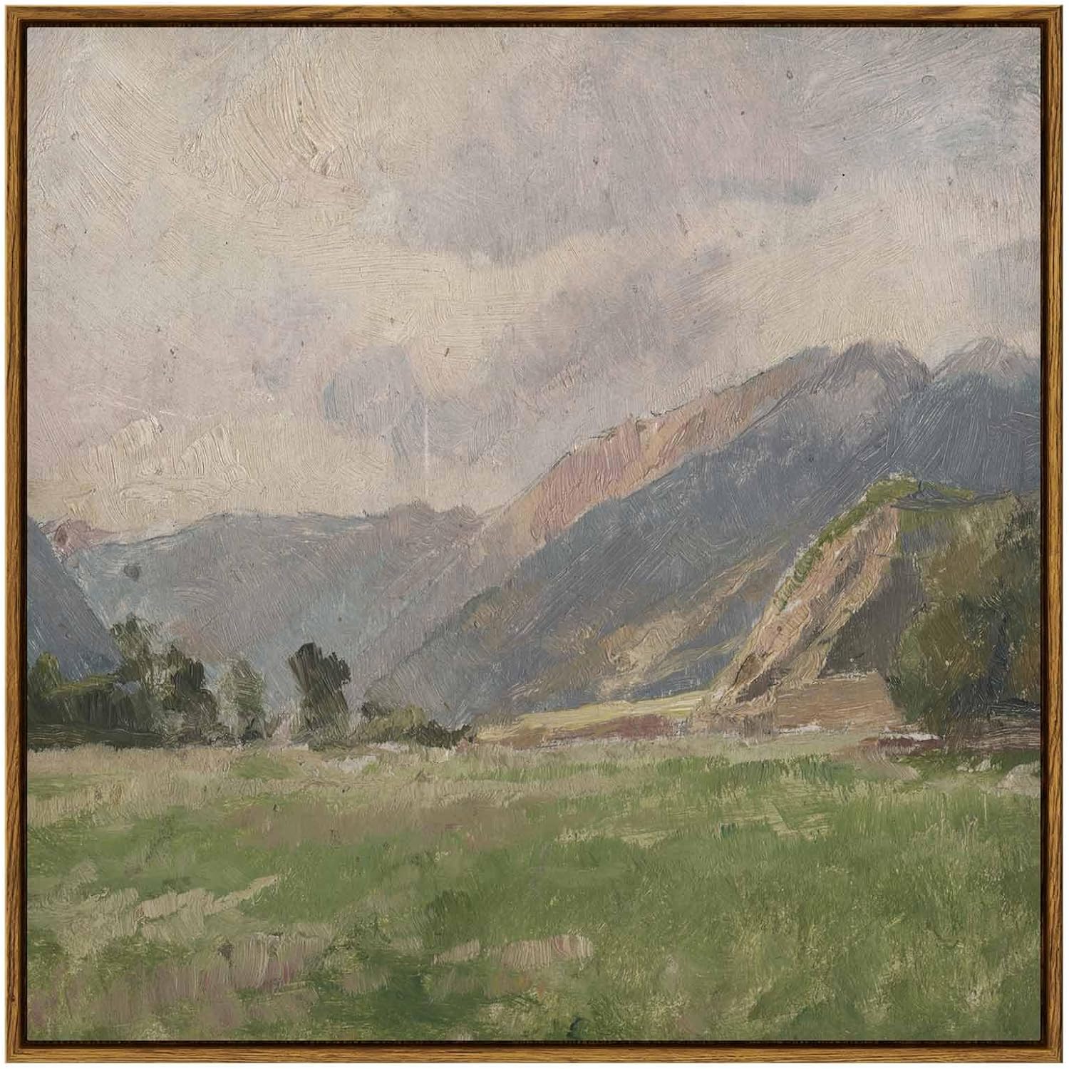 InSimSea Square Framed Canvas Wall Art, Large Decor Retro Prairie Mountain Landscape Paintings, Nature Scenery Wall Pictures for Bedroom Living Room, Canvas Prints Vintage Decor 24"x24" Mountain Meadow 24"x24"