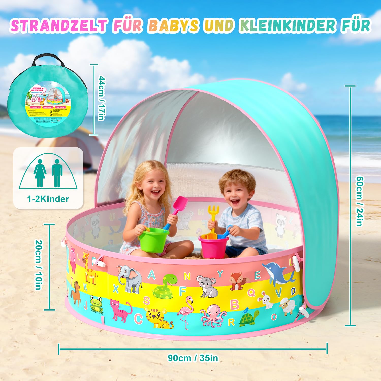 Baby Planschbecken mit Dach UV Schutz 50+ Pop-Up Strandmuschel 4 in 1 Portabler Baby Pool mit Sonnenschutz