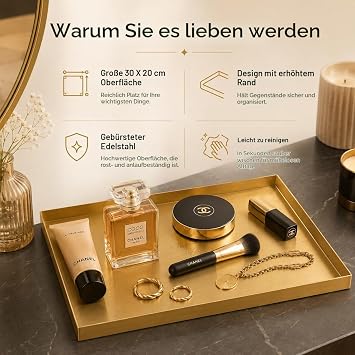 Decorative Tray Gold Rectangular 30 x 20 cm Stainless Steel Bathroom Tray Gold