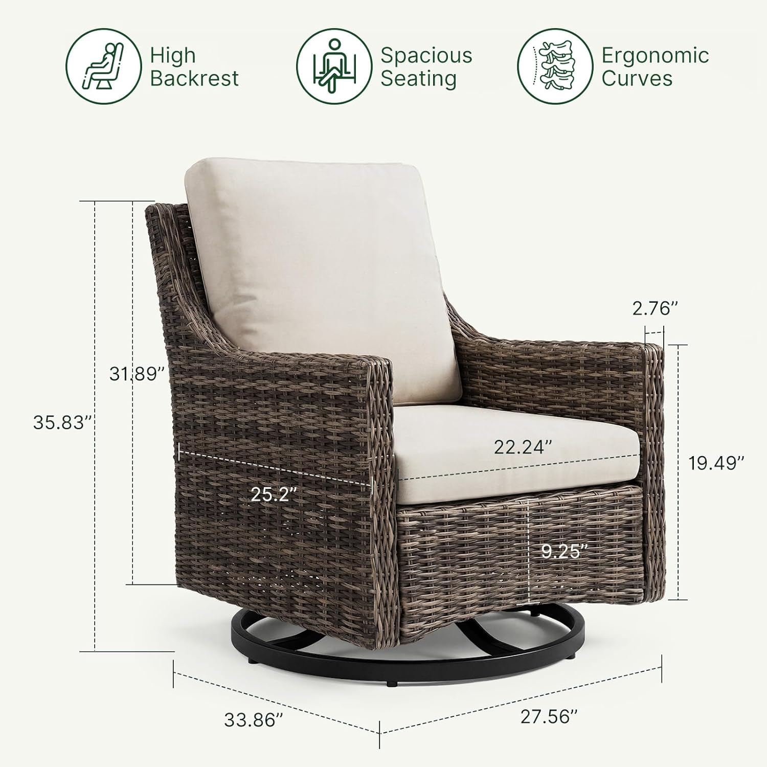 Outdoor Swivel Rocker Patio Chair with Premium Cushion, High Back Wicker Patio Swing Glider for Deck, Porch, Patio and Poolside (Beige, 3 Pcs - Swivel Glider & Side Table)