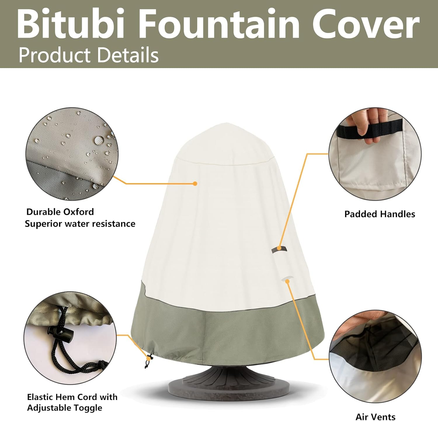 Bitubi Fountain Cover（36"x42"） 600D Oxford Cloth Garden Fountain Statue Protective Cover with Drawstring Waterproof Windproof Fountain Protector