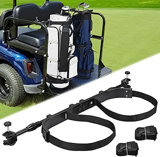 KEMIMOTO Universal Golf Cart Bag Holder Bracket Fit for Most 2+2 Seat Golf Cart Bag Attachment No Drilling Adjustable Compatible with EZGO, Club Car, G29, Metal, Black
