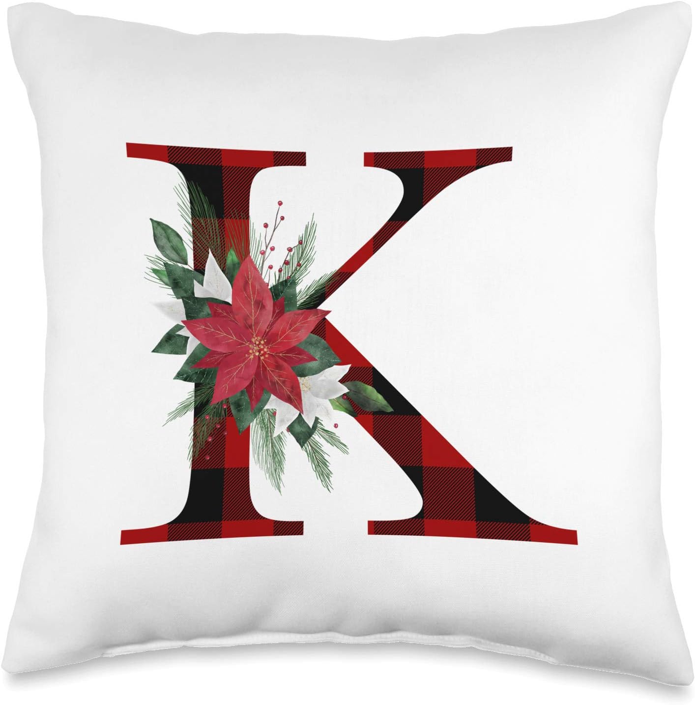 Plaid Monogrammed Letter K Personalized Initial Christmas Throw Pillow
