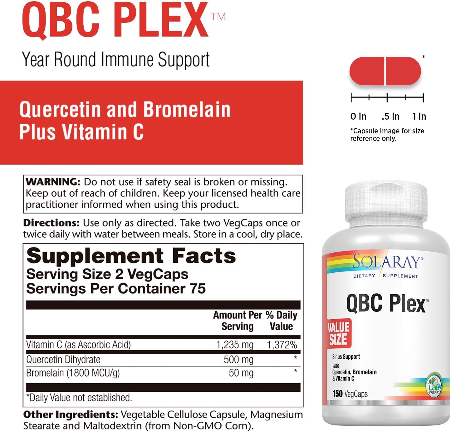 Solaray QBC Plex | Quercetin & Bromelain Plus Vitamin C | Year Round Immune Function & Respiratory Health Support | Non-GMO & Vegan (150 CT) : Health & Household