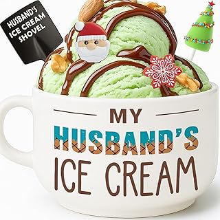 Husband Birthday Gifts from Wife, Fathers Day Husband Gifts, Romantic Gift for Anniversary, Novelty Ice Cream Ceramic Bowl with Shovel Spoon Set