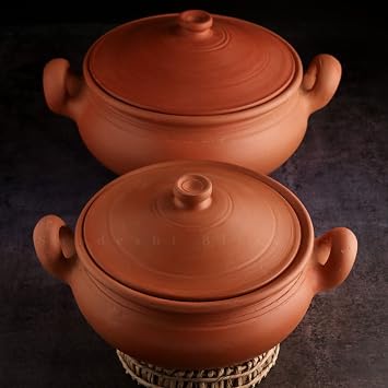 Swadeshi Blessings Exclusive Collection Unglazed Clay Pot for Cooking and Serving with Lid Earthen Kadai/Mud Handi/Mitti Ke Bartan with Mirror Shine Combo 2 & 3 Litres