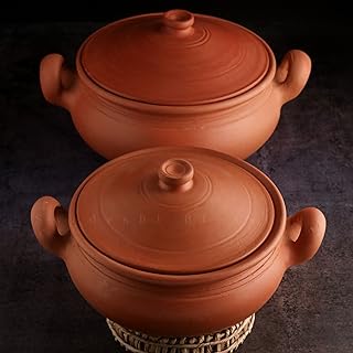 Swadeshi Blessings Exclusive Range Unglazed Clay Handi/Earthen Kadai/Clay Pot for Cooking & Serving with Lid (with Mirror Finish) + Free ASH for Cleaning (Combo of 2&3 litres)