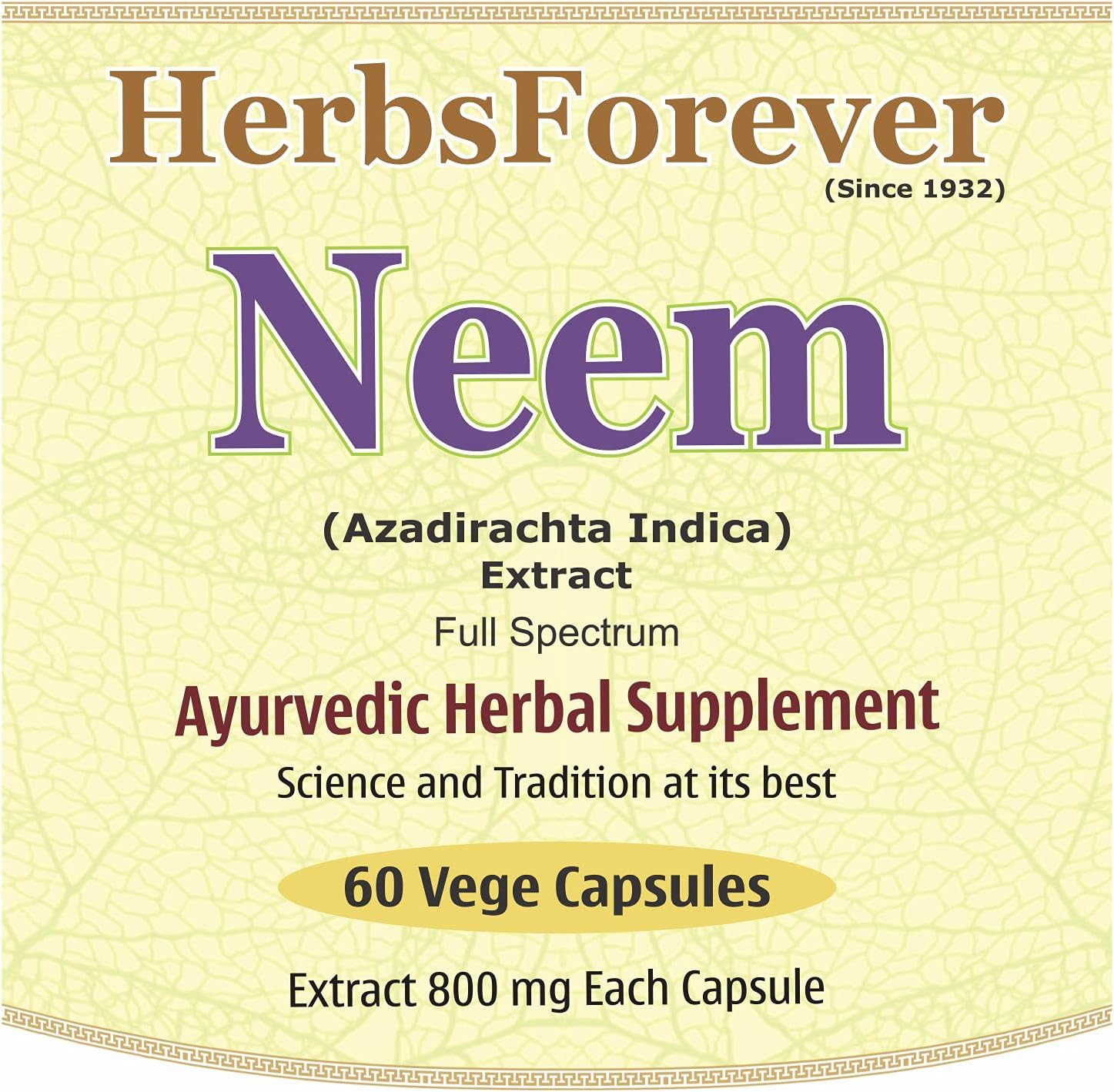 Herbsforever Neem (Azadirachta Indica) 60 Vege Capsules,800 mg Each High Potency, (Concentrated Extract) for Healthy Skin and Blood Purifier : Health & Household