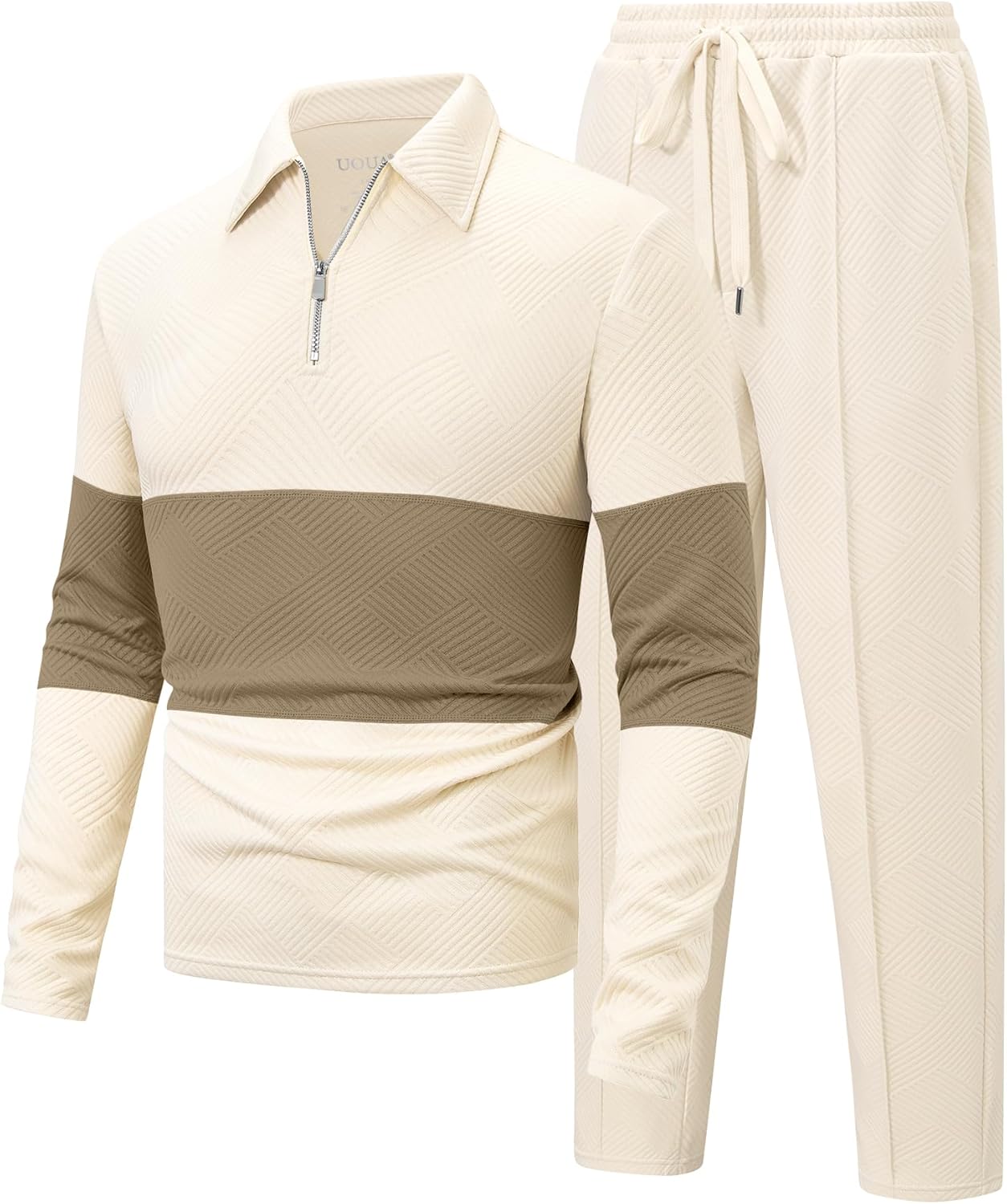 UOUA Mens 2 Piece Set Casual Outfits 1/4 Zip Polo Long Sleeve Shirt & Pants Track Suit Loungewear Athletic Sweatsuit - Image 5