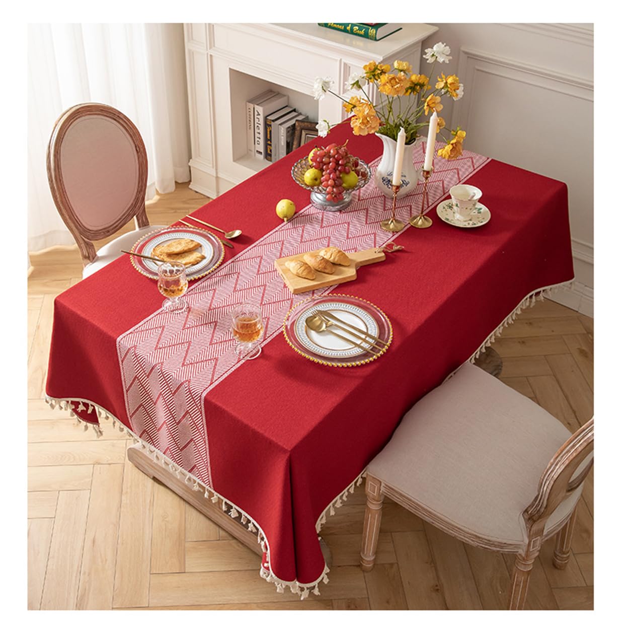 Mantel de algodón y lino con flecos para cocina, comedor y mesa de café, lavable a máquina, rojo, 140 x 260 cm