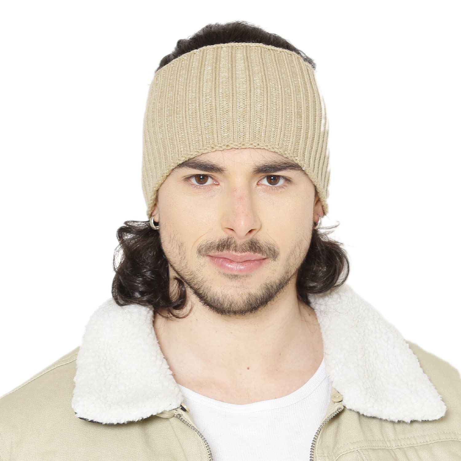 Beige Soft Mix Yarn Knitted Ski Warm Unisex Woolen Headband-image-8