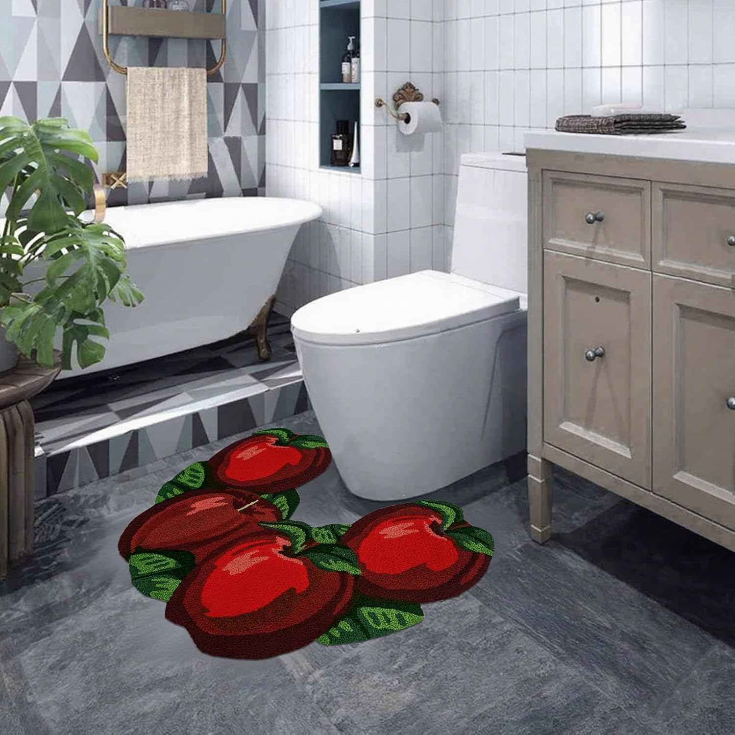 ABREEZE Fruit Toilet Rug, Shaggy Christmas U-Shaped Bathroom Rugs, Apple Shaped Contour Mat for Bathroom Floor, 31 X 27, Non-Slip Bath Carpet, Maximum Absorbent, Dry Quickly, Machine-Washable