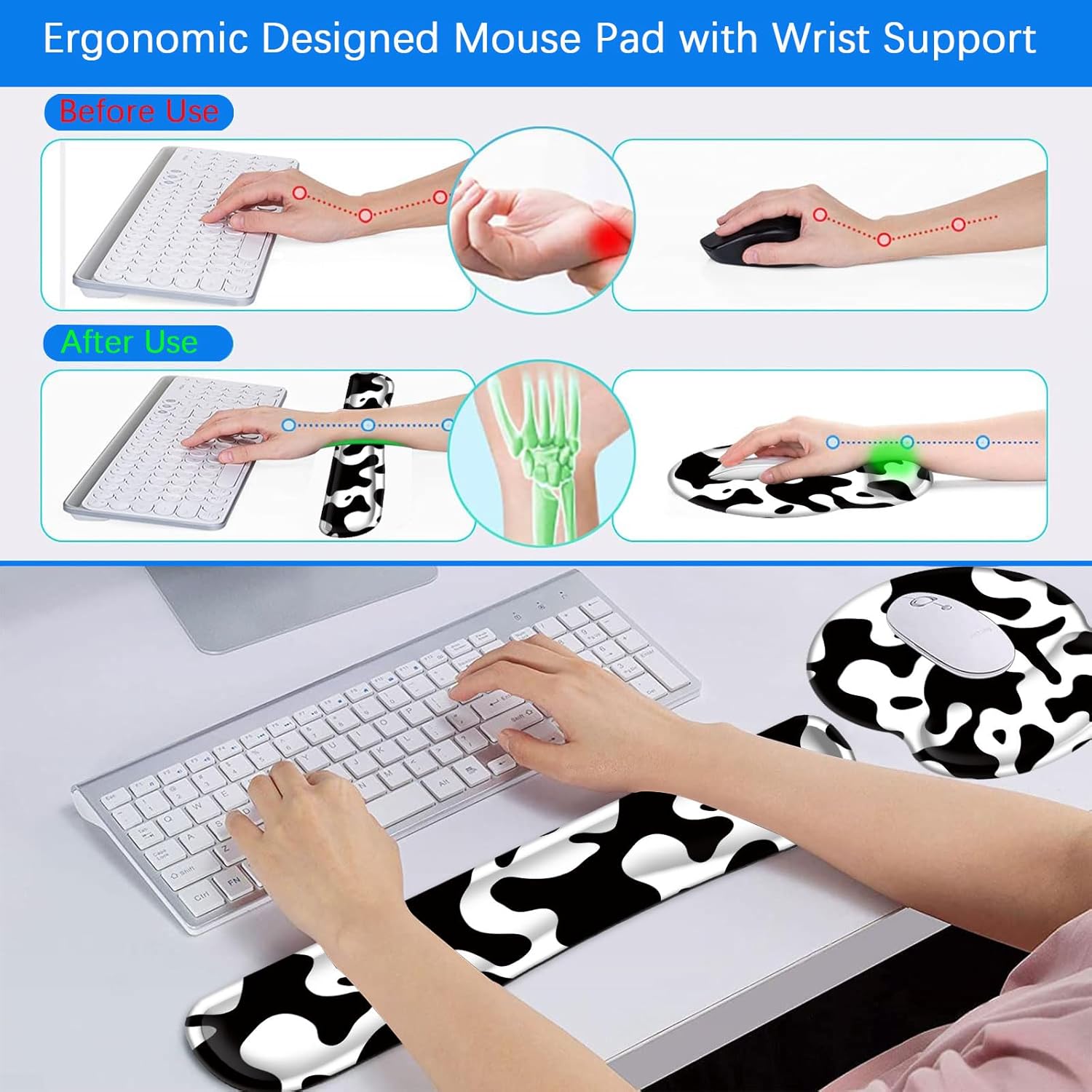 Mouse Pad Wrist Support and Keyboard Wrist Rest Pad with Coaster,Non-Slip Rubber Base Ergonomic Gaming Mousepad for Home Office Working Studying Easy Typing & Pain Relief,Cow Print