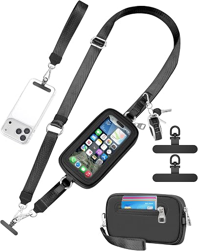 SHANSHUI Clip and Go Strap for Phone with Wallet Crossbody, Adjustable Neck Lanyard, Detachable Wristlet Wallet with Zipper Phone Screen ID Window, 2x Tether Tabs Compatibe for iPhone & Most Cellphones Black