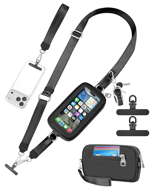 Clip and Go Strap for Phone with Wallet Crossbody, Adjustable Neck Lanyard, Detachable Wristlet Wallet with Zipper Phone Screen ID Window, 2x Tether Tabs Compatibe for iPhone & Most Cellphones Black by SHANSHUI - Used condition - US$13.22