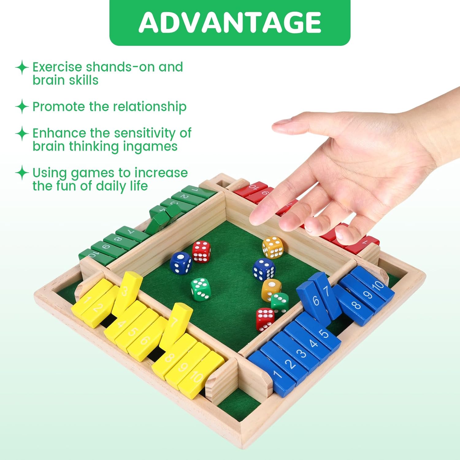 Shut The Box Game, 2-4 Player Dice Math Games Close The Box Game with 8 Dices for Adult, Family Wooden Board Tabletop Genius Square Games Travel Size for Classroom Home Party Pub (8 In Colorful)