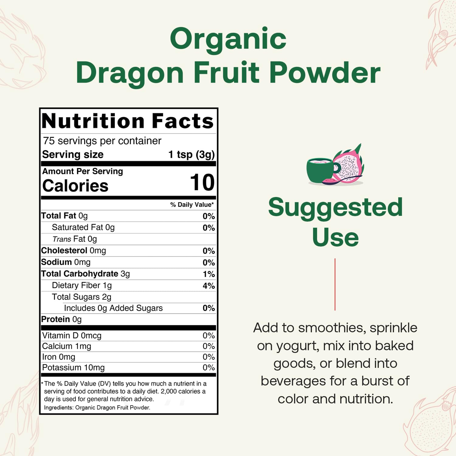 Quay Naturals Organic Dragon Fruit Powder, Pink, 4oz, Freeze-Dried, Non-GMO, No Additives, Pure Natural Powder for Smoothies & Baking - Image 2