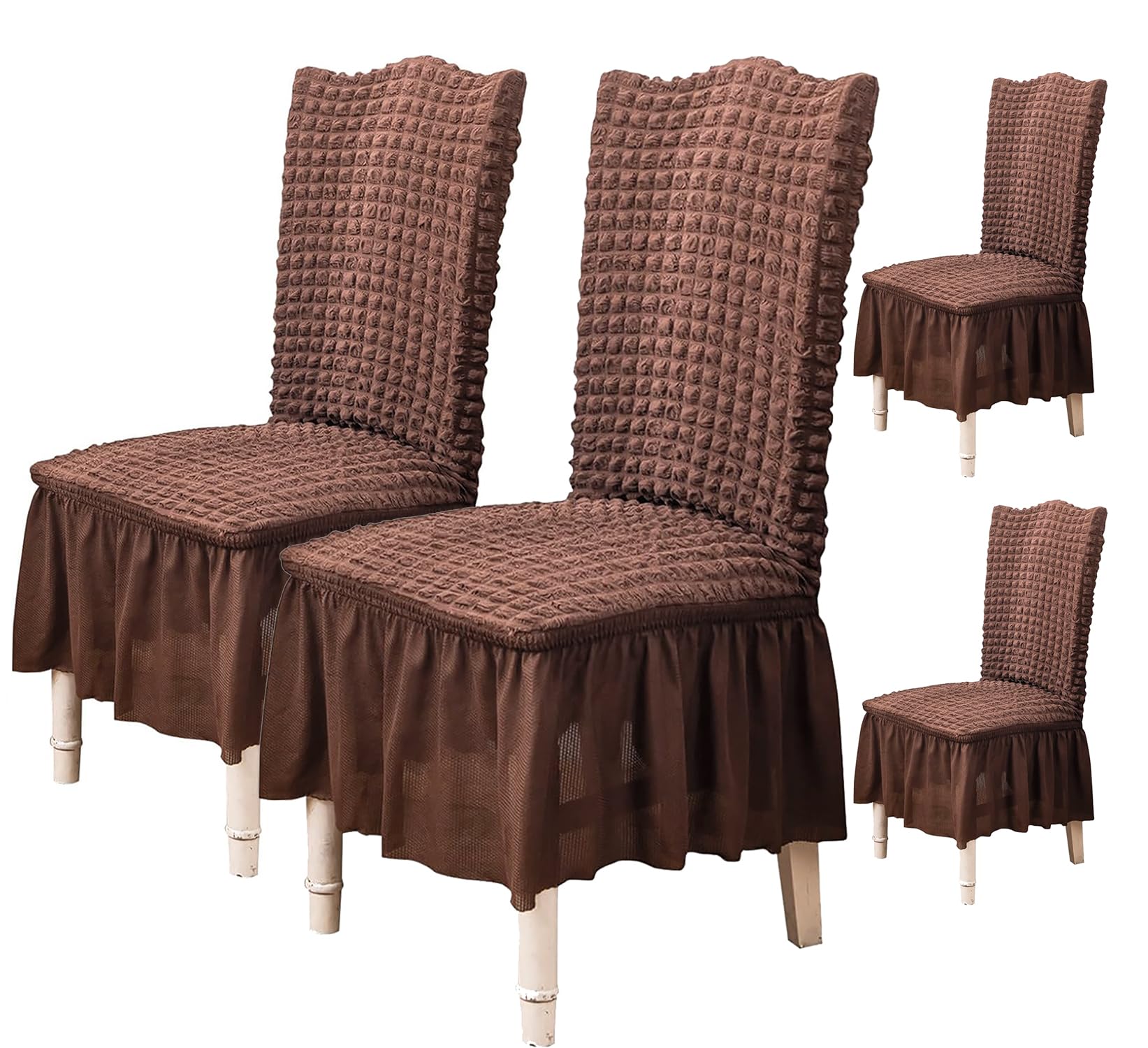 House of Quirk Polyester Turkish Bubble Frill Chair Cover Stretch Removable Washable Short Dining Chair Cover Protector Seat Slipcover (Coffee, Pack Of 4)-image-12