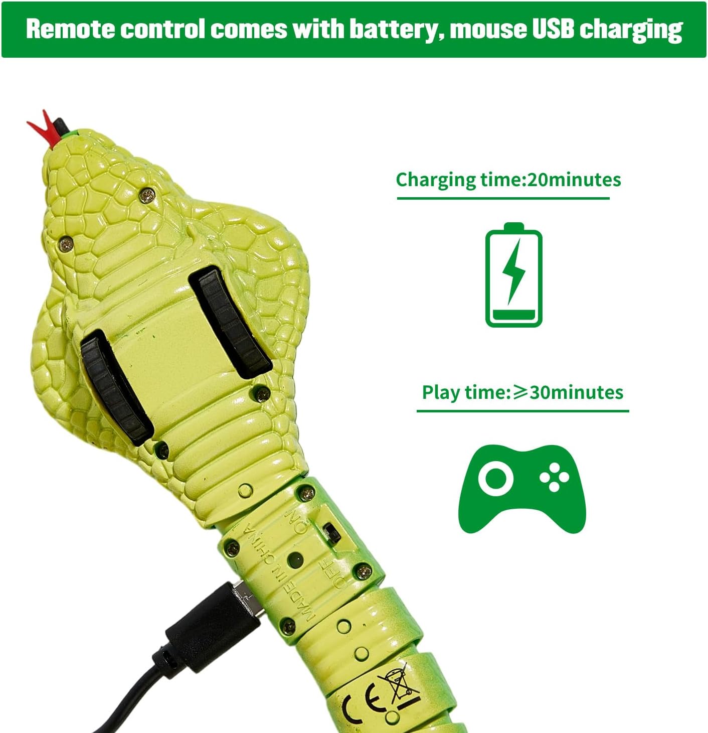 Underside of the snake's head showing the USB-C charging port