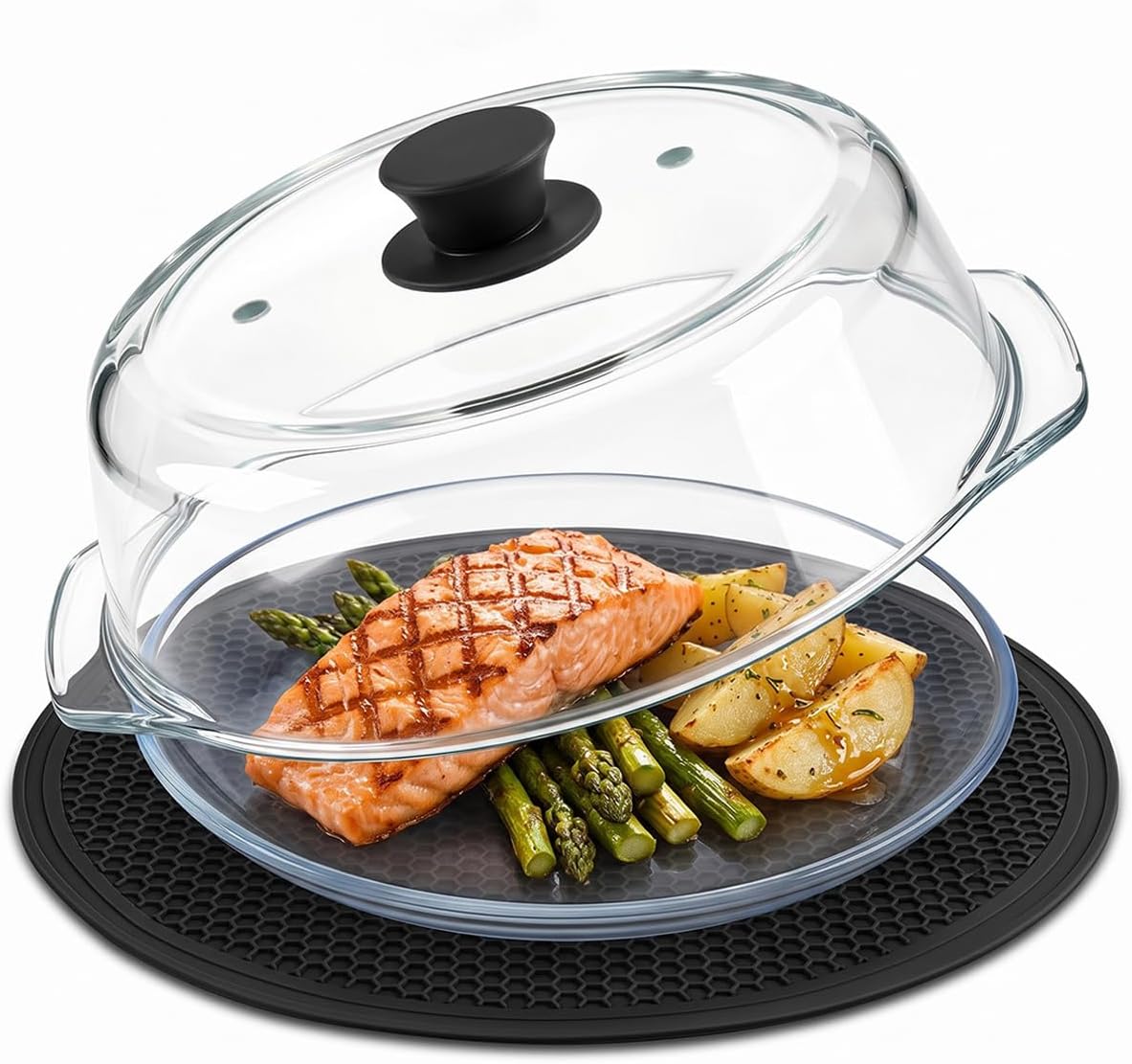 2 in 1 Glass Microwave Splatter Cover for Food with Tempered Glass Plate, High Borosilicate Glass Microwave Cover, Vented Splatter Guard Lid, Silicone Mats, Microwave Dish Cover