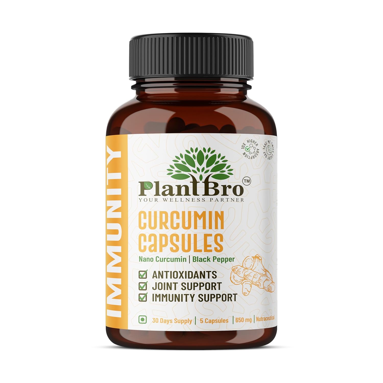 PlantBro Turcuma – Premium Nano Curcumin Extract with Turmeric & Black Pepper | Lab-Tested, Farm-Sourced, Natural Antioxidant for Immunity, Heart & Joint Health | 5 Veg Capsules