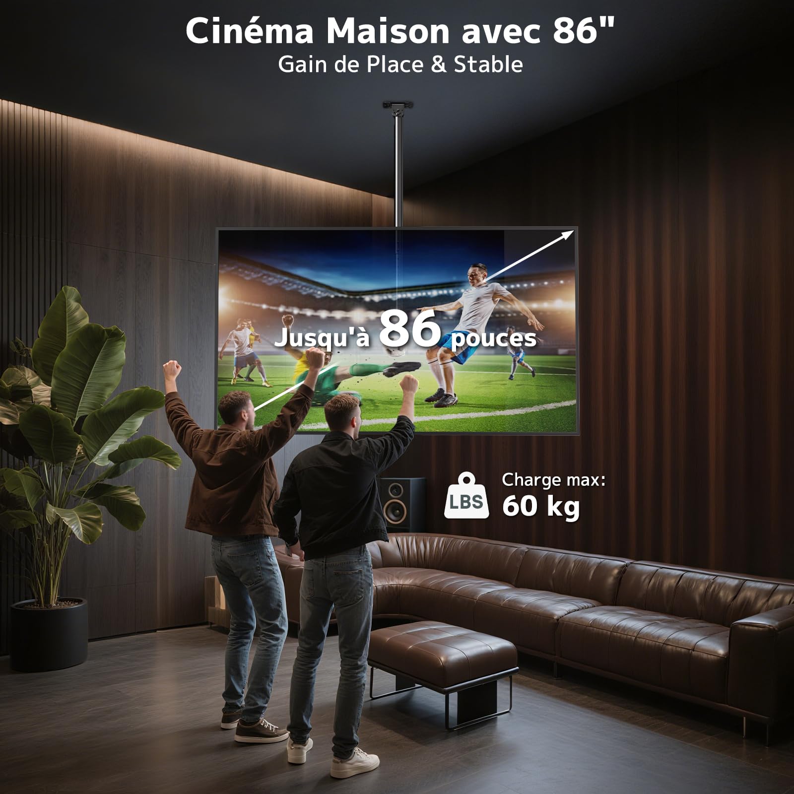 Support Plafond TV pour Télés 43-86" Jusqu'à 60kg, 360° Pivotant et -25° Inclinable, Nivellement ±3°, VESA Max 600x400, Compatible Plafonds Plats/Inclinés, Écrans Courbes