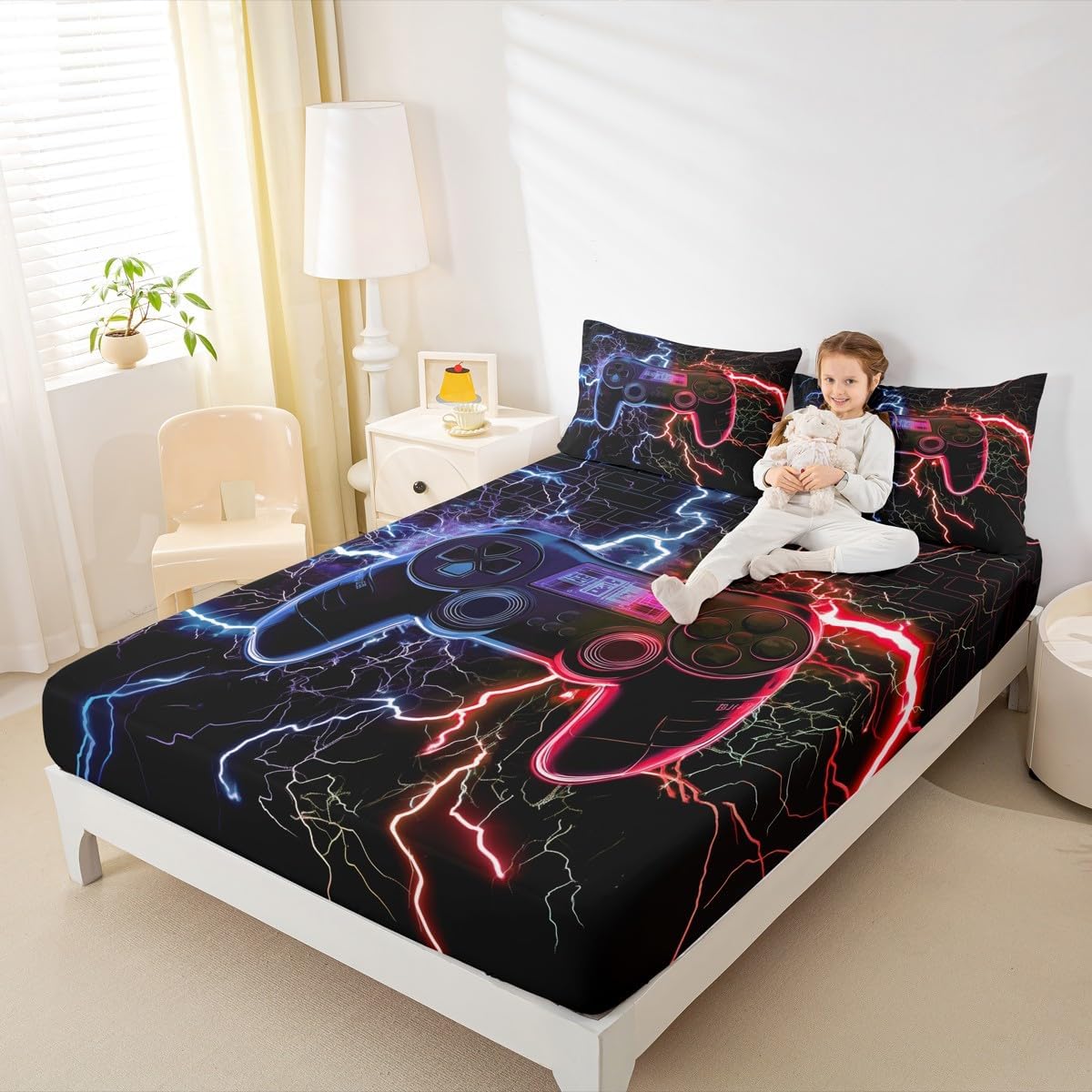 jejeloiu Kids Gamer Fitted Sheet Twin Size Gaming Bedding Set for Boys Girls Teens Modern Game Console Controller Bed Sheets Set Game Room Decor Breathable Soft 2Pcs
