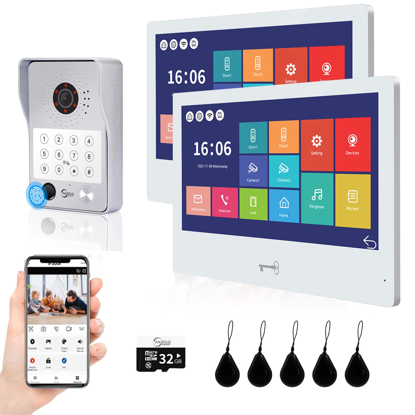 ANJIELO SMART Wired 1080P Video Door Phone Apartment Intercom System,Wireless WiFi 2 Unit10 Inch Touch Monitor,Supporting 5 in 1 Unlcking,Motion Detecting,RFID Card Unlocking for Home Tuya,32G
