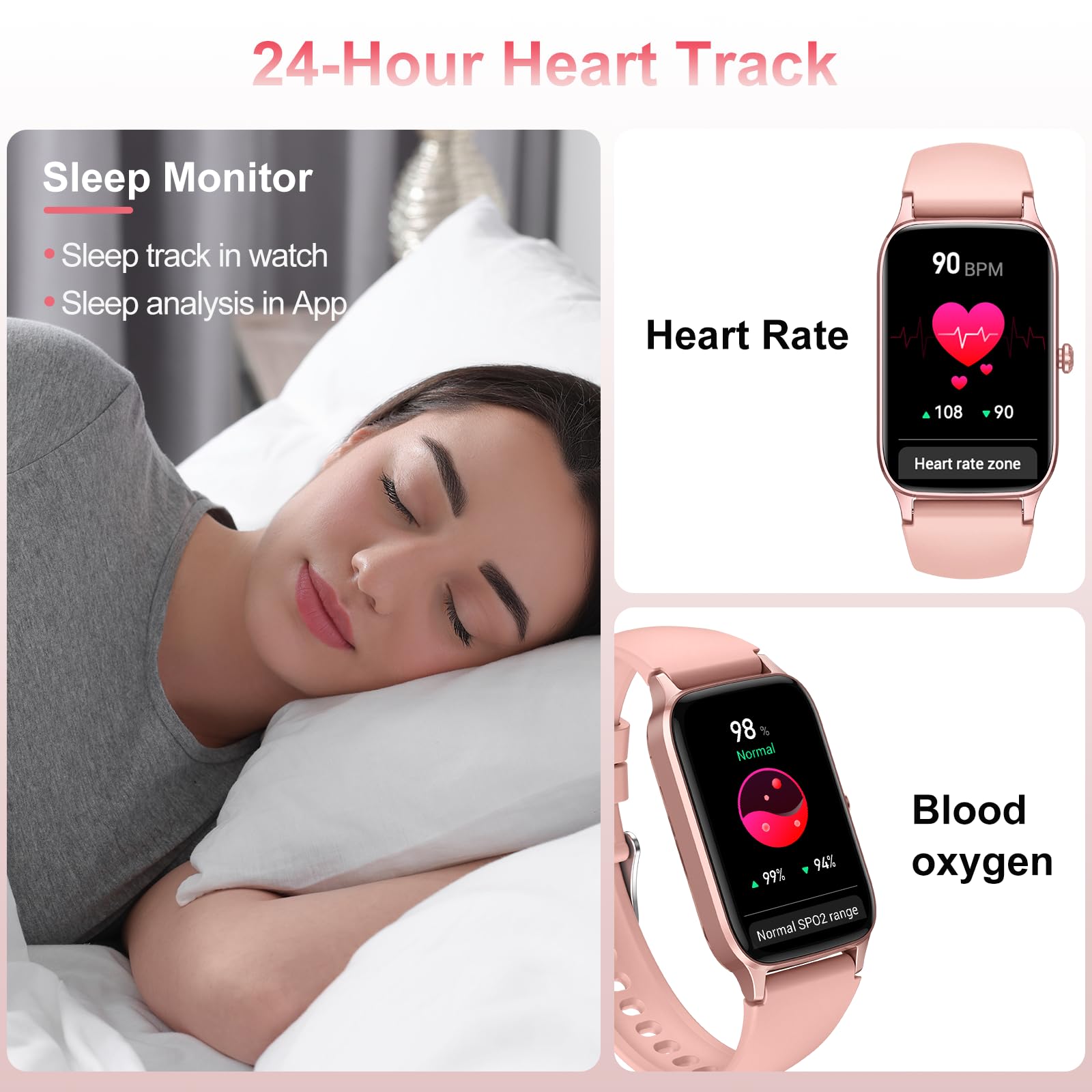 Reloj Inteligente Hombre Mujer, 1.57'' HD Smart Watch Llamadas Bluetooth, Pulsómetro Monitor de Sueño Podómetro Smartwatch, 110+ Deportivos Modos Pulsera Actividad, Impermeable IP68 Android iOS Rosa