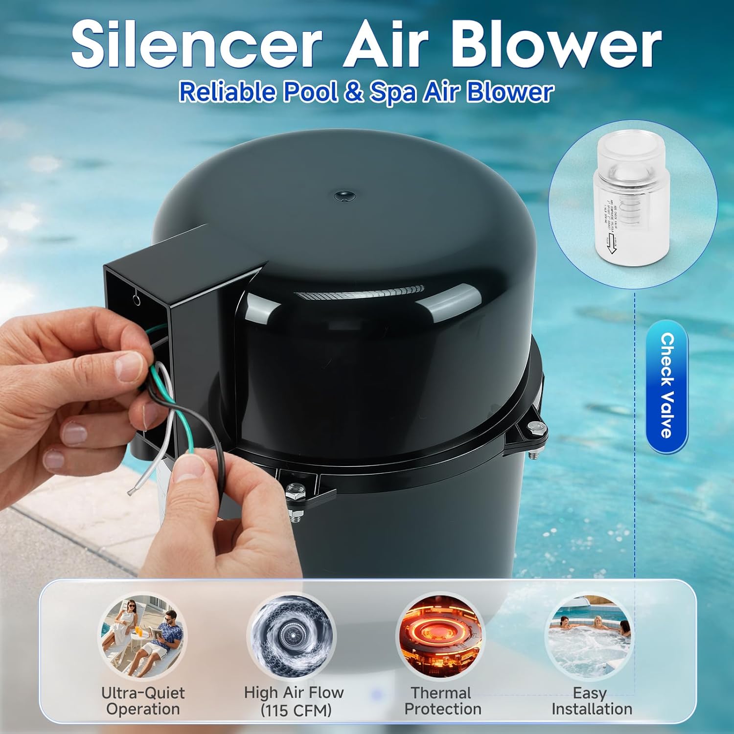 6315141 Silencer Spa Blower 1.5 HP 120V 7.3 Amp - Quiet Spa Air Blower Replacement for Air Supply for Hot Tub, Direct 2 Inch Plumbing System, Shock-Absorbing Design, Easy Installation for Pool & Spa