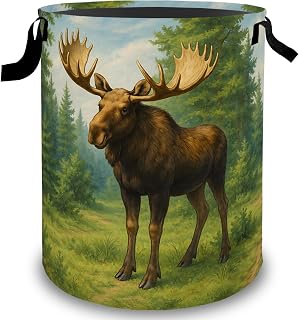 Cute Moose Laundry Basket Hamper, Organizer Bins Gifts for Women Kids, Woodland Deer Foldable Waterproof Clothes Hamper Handles Storage Bucket for Bedroom Bathroom Room Decor 19.7"x15.7"