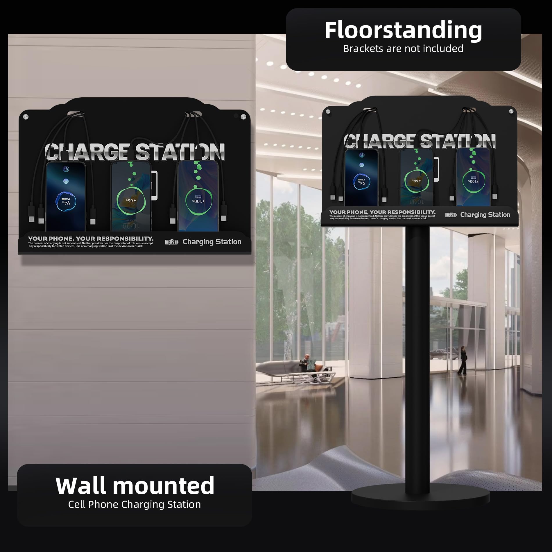 Estación de carga de 8 puertos montada en la pared con cables Fast Charigng - Base de carga multidispositivo para oficina, hotel y espacios públicos | Compatible con iPhone, iPad, smartphone, tabletas