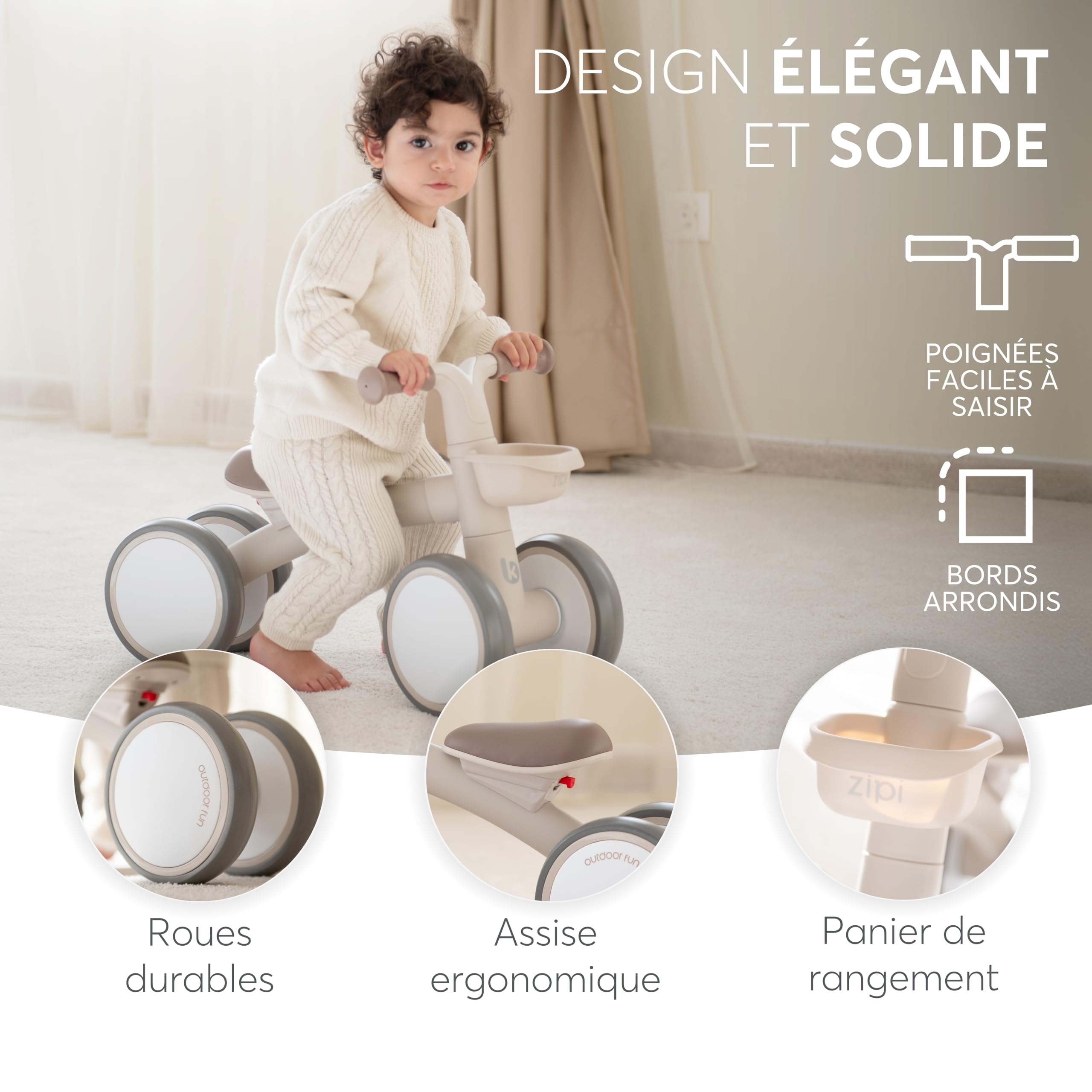 KikkaBoo Vélo sans pédales ZIPI, vélo d'équilibre bébé 1-3 Ans avec Panier réglable