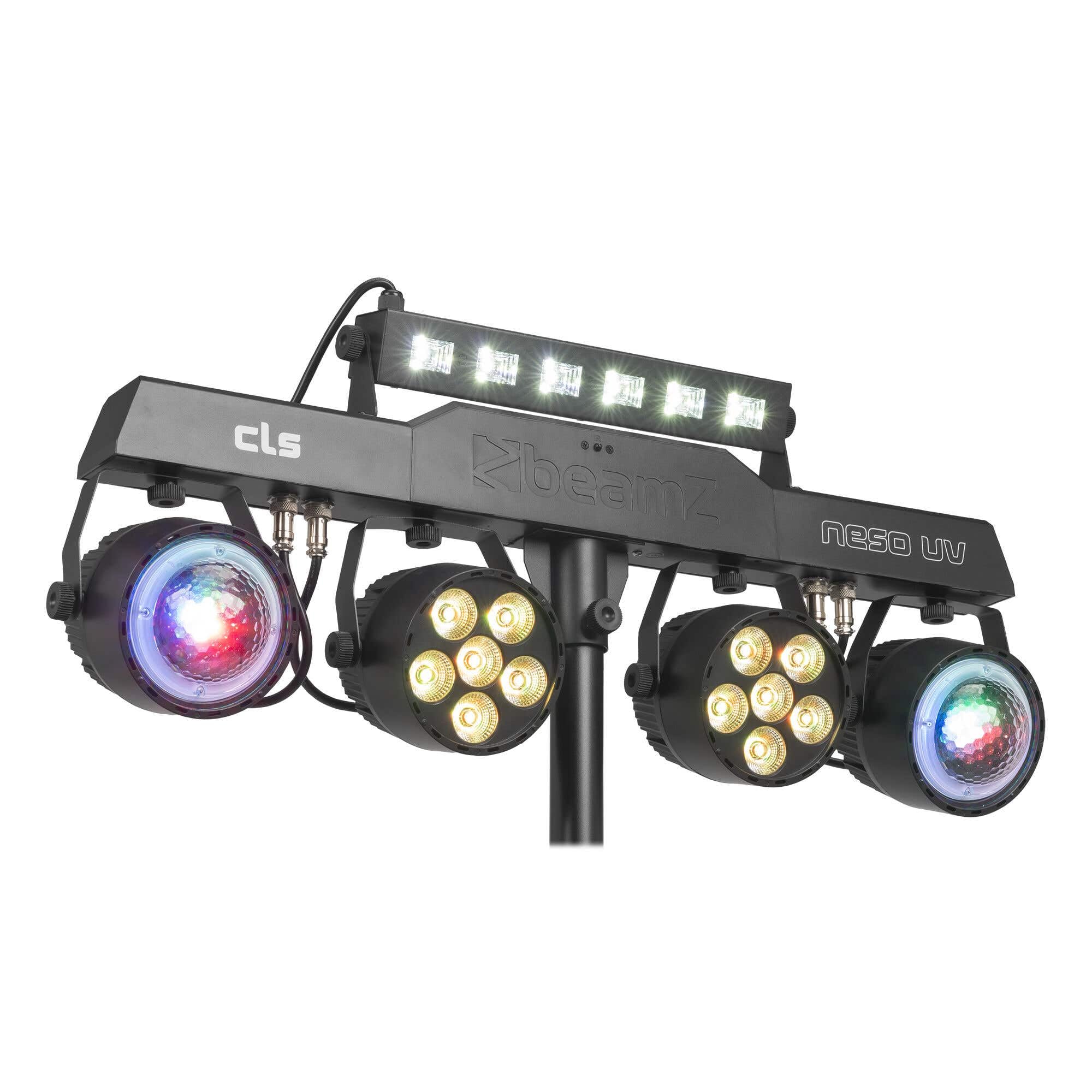 BeamZ CLS NesoUV Party Bar con 2 jelly moon, 2 par led rgbw y barra UV strobe, barra led dj con tripode, dmx 512, luces discoteca para casa, luces dj y luces escenario