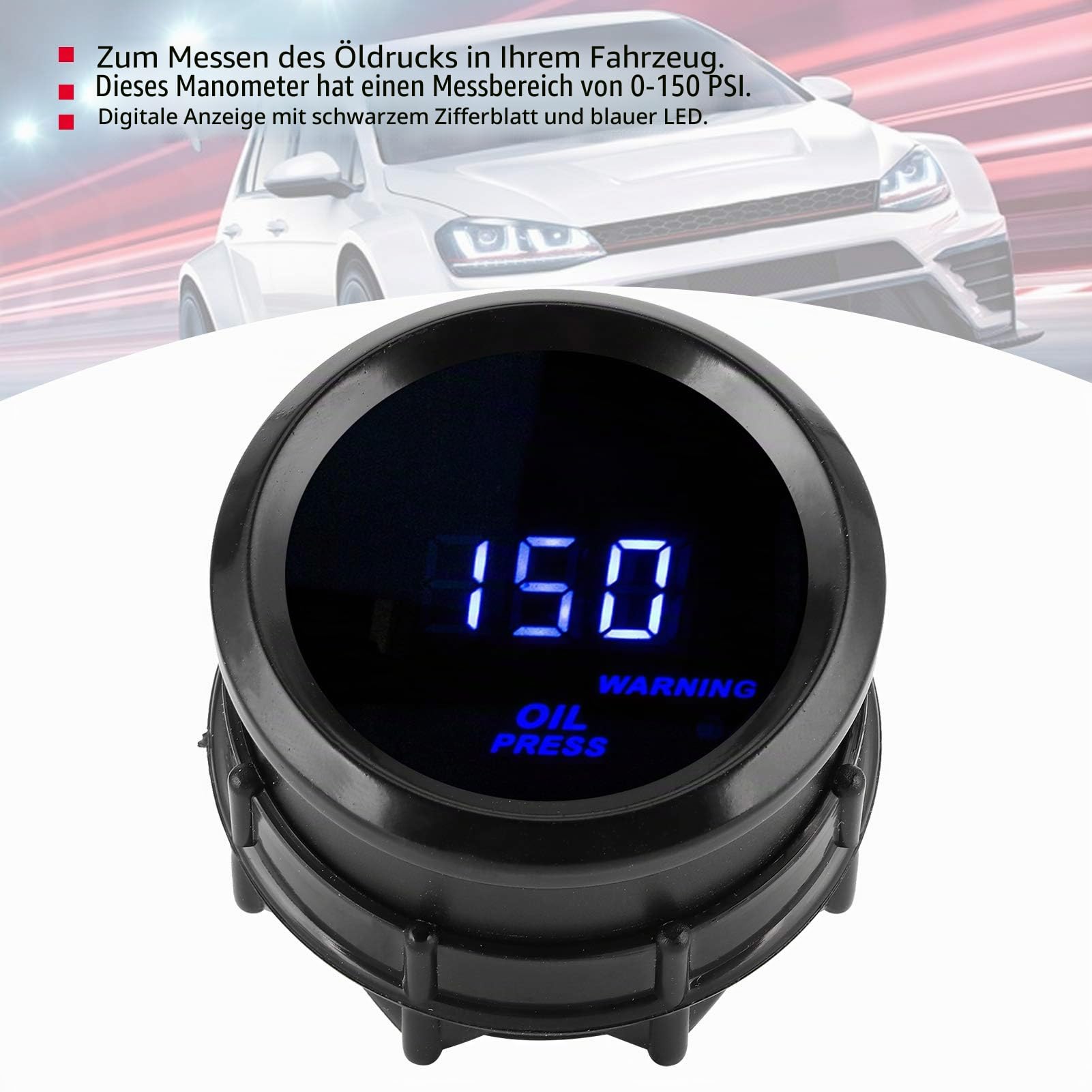 Digitales Öldruckmessgerät Auto-Manometer 2 Zoll (52mm) 0-150 PSI, Blaue LED-Anzeige, 12V mit Sensor, Schwarz, Hochpräzise