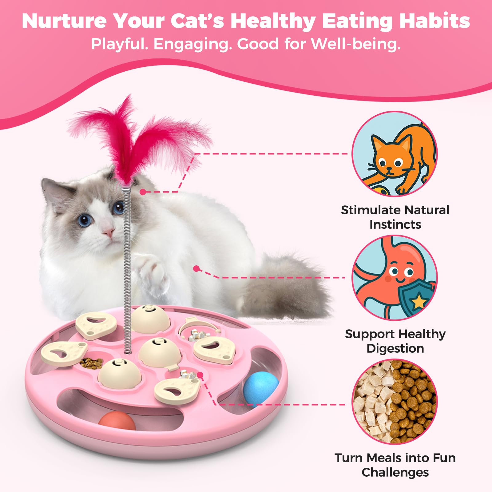 Juguetes y juegos de rompecabezas para gatos, nivel 3 en 1 con bolas de seguimiento, juguete de plumas y alimentador de golosinas, base antideslizante, par de enriquecimiento de estimulación