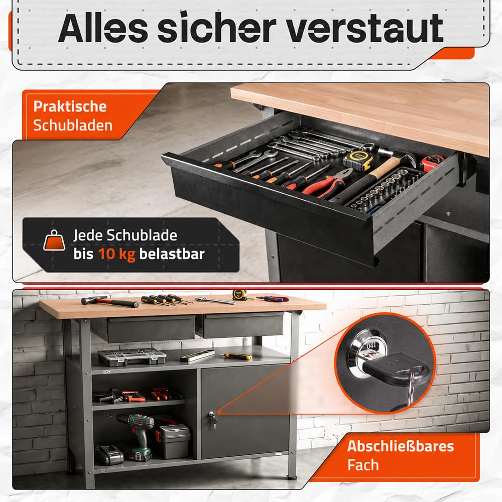 Ondis24 Werkbank Fritz - Höhenverstellbare Werkbank Mit Schubladen, Metall Anthrazit, 120x60x85cm, 28mm Dicke Buchen-Arbeitsplatte, Abschließbare Tür, Belastbar Bis 250kg - Perfekt für Werkstätten