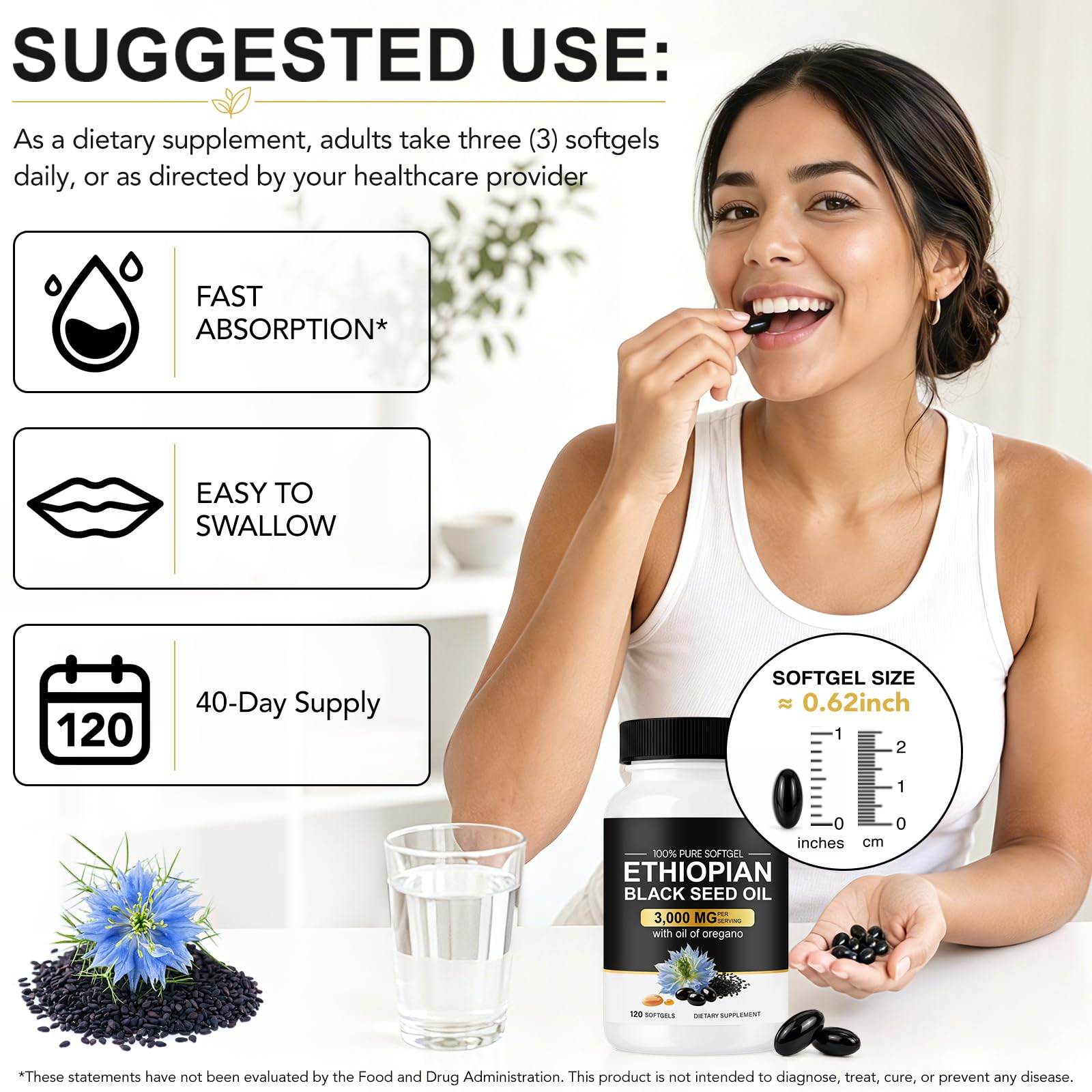 Black Seed Oil Capsules, 3000mg High Strength Black Cumin Seed Oil with Thymoquinone 120 Ethiopian Black Seed Oil Softgels | Pure Cold Pressed Black Cumin Supplement Gluten Free Soy Free — Amazon image 6