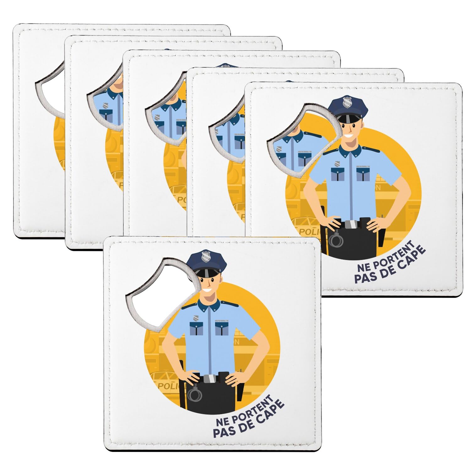 Sous-verre décapsuleur police gendarme lot de 6 carrés 9x9cm