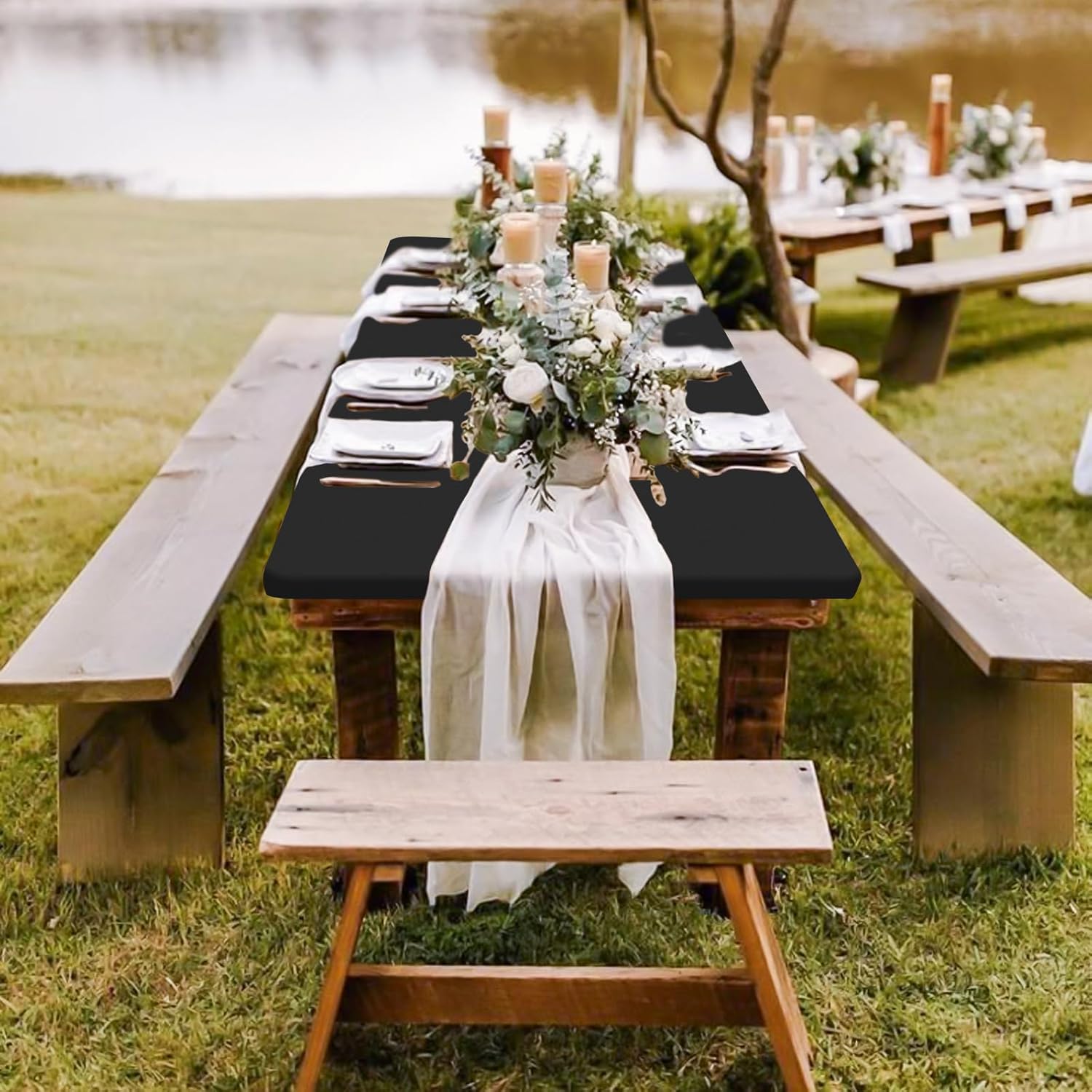 12 Pack Stretch Fabric Table Top Cap Cover, Elastic Fitted Tablecloths for 6 Foot Rectangle Tables, Washable Spandex Picnic Table Cover for Outdoor Camping Patio Banquet Party (Black, 30" W x 72" L)