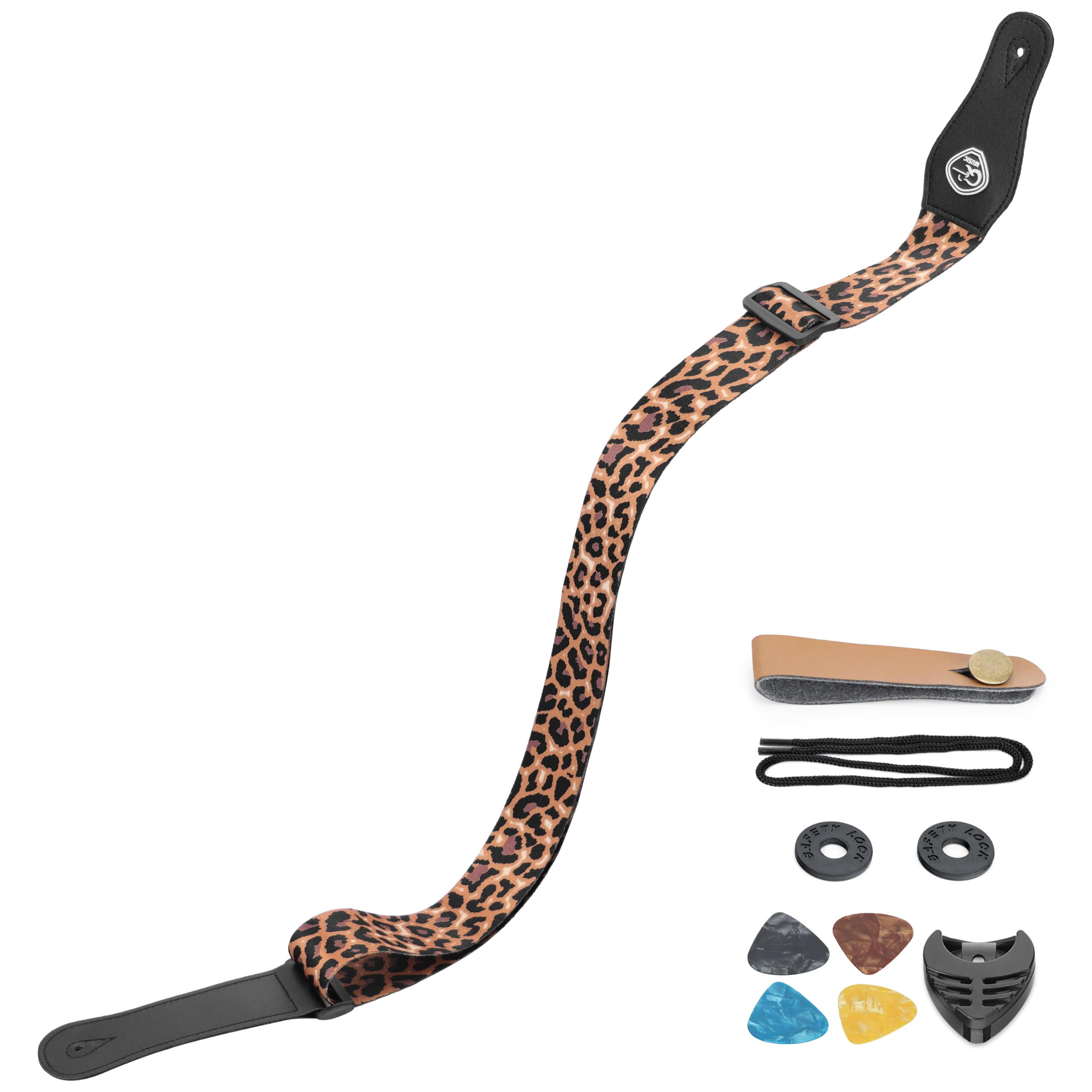 SUNYA Nylon Guitar Strap, Leopard Print, 5cm Wide with Full Grain Leather Ends, Includes Rubber Strap Locks and Picks, Adjustable 88-145cm for Acoustic, Electric, and Bass Guitars