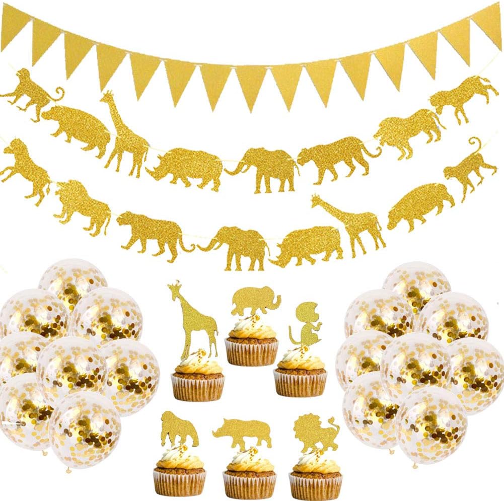 Gold Jungle Safari Animal Banner- Gold Glitter Jungle Safari Animal Cupcake- Toppers Baby Shower Boys Girls Birthday Party Supplies Decorations, Zoo Themed Party Supplies Decorations