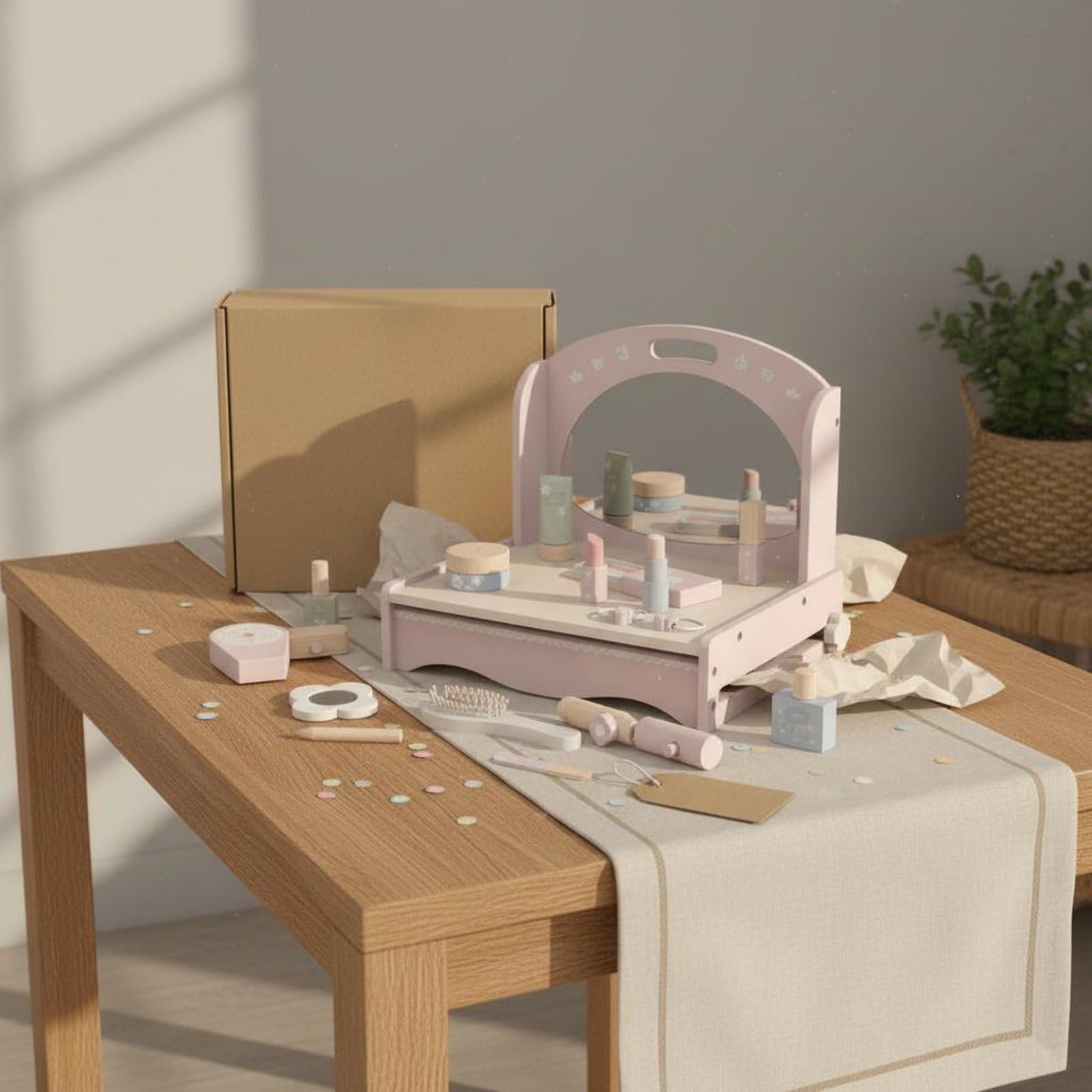 Set da Trucco Finto per Bambini Idea Regalo Set Trucchi e Parrucchiere Finti Interazione Genitore-Figlio Kit Cosmetici in Legno per Stanza Dei Giochi