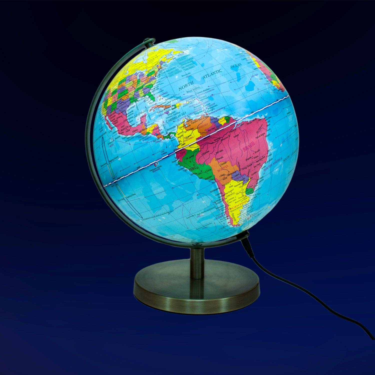 Magellan Albion Leuchtglobus politisches Kartenbild LED-Beleuchtung 25 cm Globus mit messingfarbenem Metallfuß und Meridian inklusive Kabel und USB-Netzteil politisches Kartenbild 25 cm