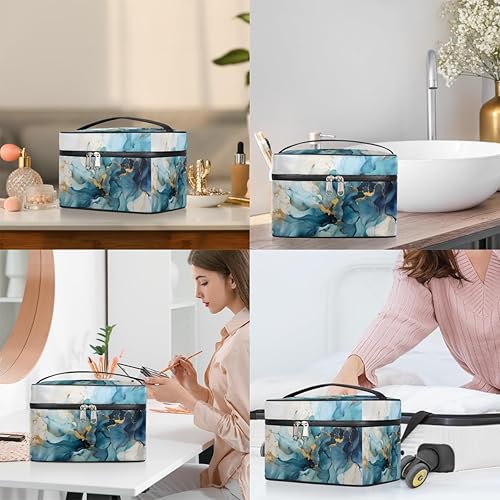 Miniatura 7 de Bolsa organizadora de maquillaje de mármol azul dorado, neceser de tocador, estuche de tocador portátil de mármol brillante, bolsa de maquillaje