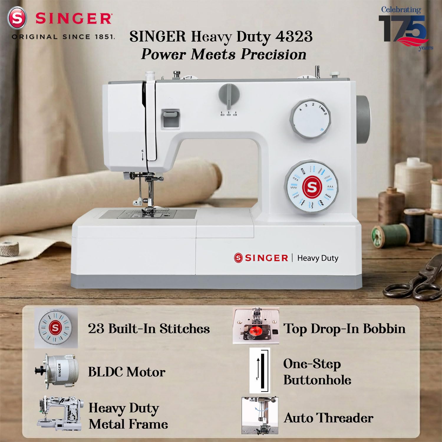 SINGER HD 4323 BLDC Sewing Machine Electric | 23 Built-In Stitches | 58 Stitch Functions | 1-Step Buttonhole | Adjustable Width (6mm) & Length | LED Light | Automatic Bobbin Winding | Easy Stitch Dial — Amazon image 2
