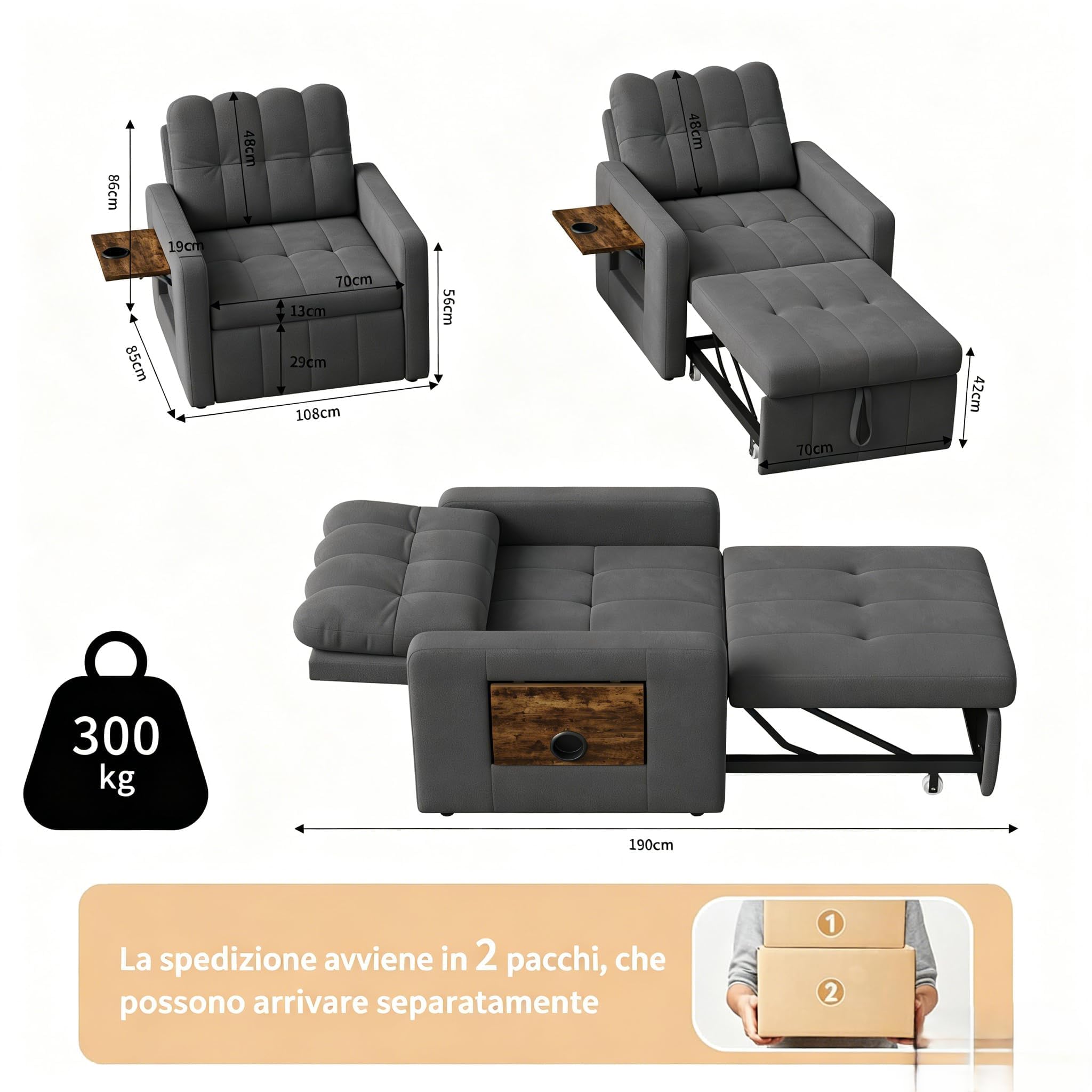 Fotel rozkładany 3 w 1, rozkładany fotel rozkładany z funkcją łóżka, rozkładana sofa, łóżka ze składanymi stołami herbacianymi, regulowany fotel z poduszką, szary, 190 x 108 x 86 cm