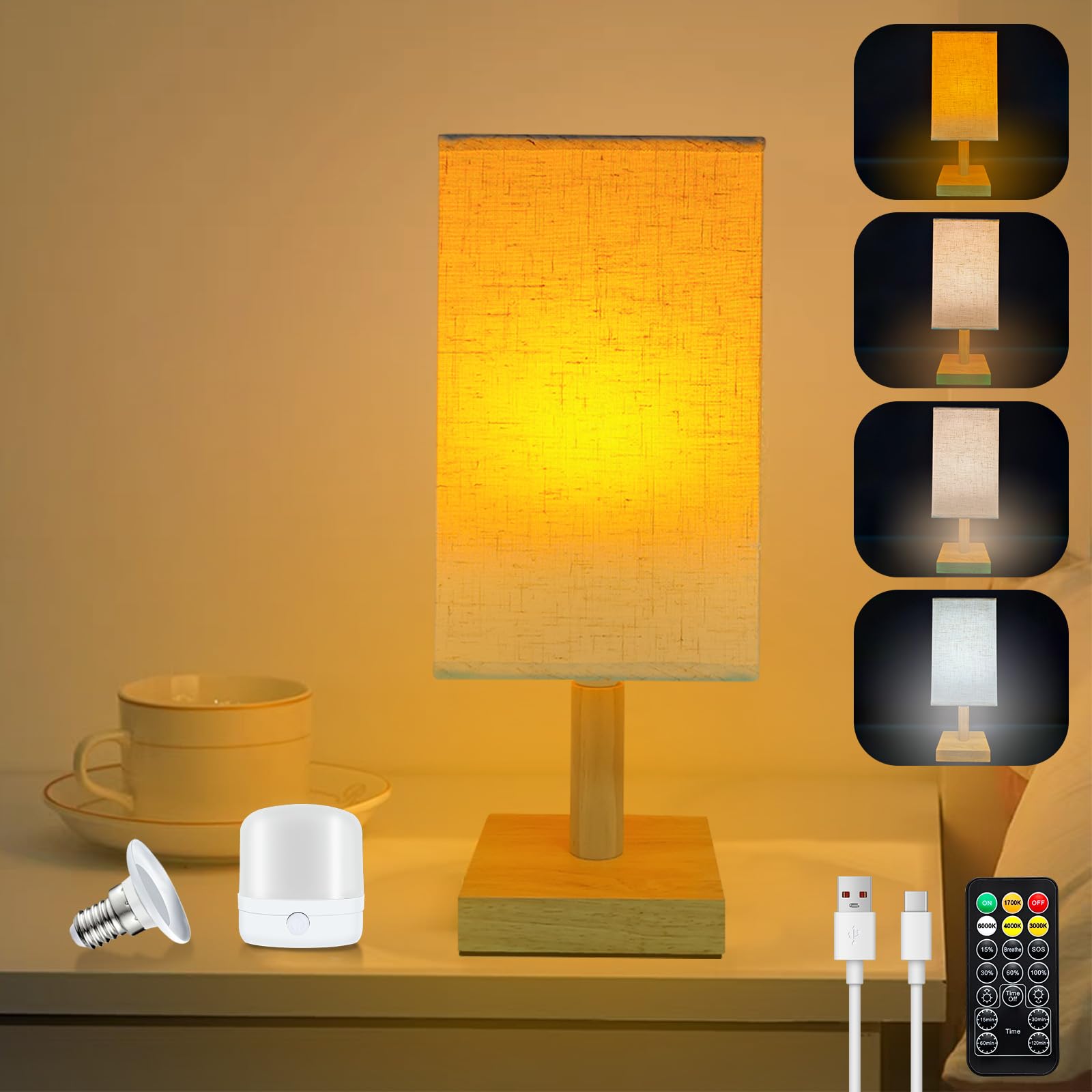 Joyes Rechargeable Table Lamp, Cordless LED Lamp with Fabric Shade, Dimmable, Remote, 4 Color Temps, Timer